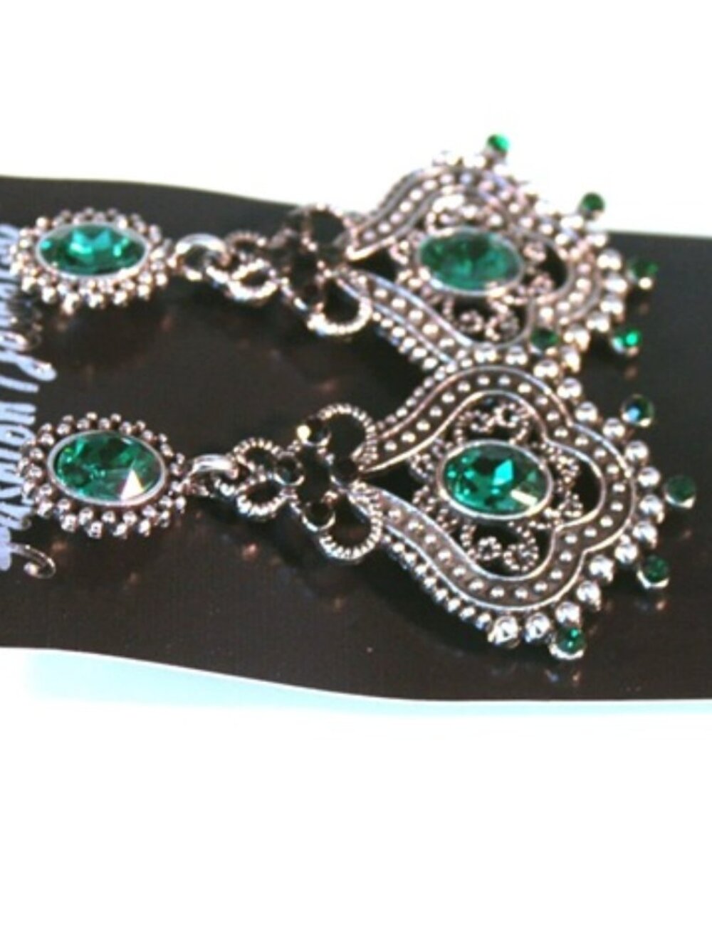 DESIGNER Antique Silver Emerald Green & Black Crystals Chandelier Earrings**NEW! - Picture 2 of 3